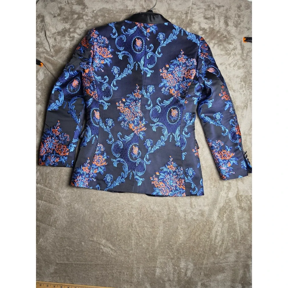 Retro Paris Monte Carlo III Blazer Indigo Blue Orange Floral Damask Tuxedo 36S
